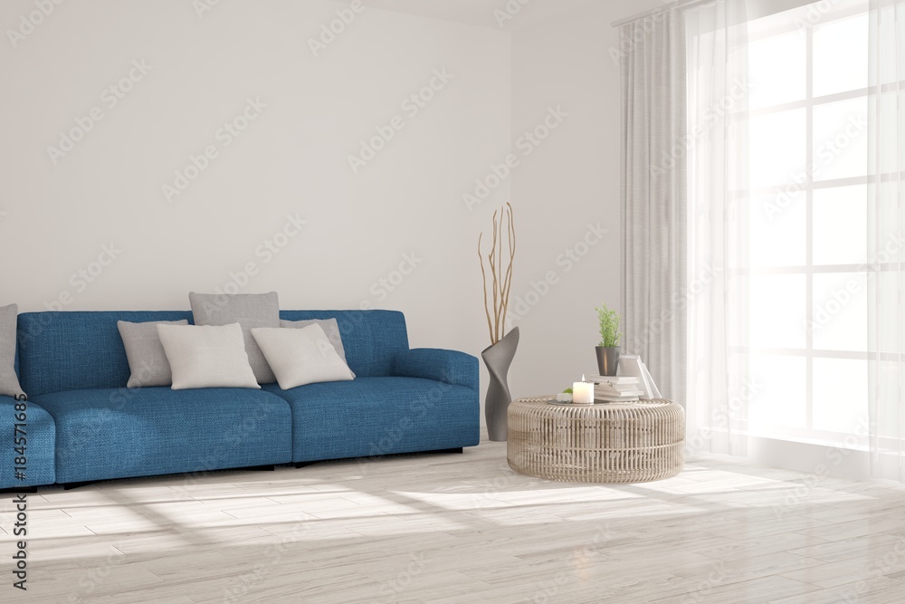 Idea of white minimalist room with sofa. Scandinavian interior design. 3D illustration