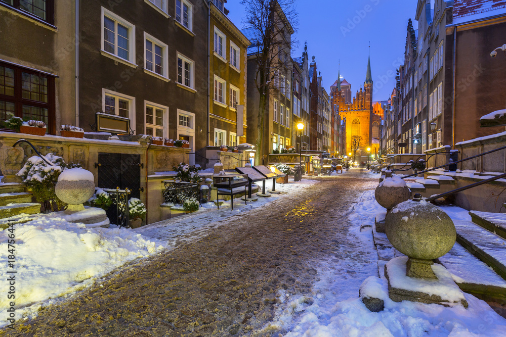 Beautiful Mariacka street in Gdansk at snowy winter, Poland