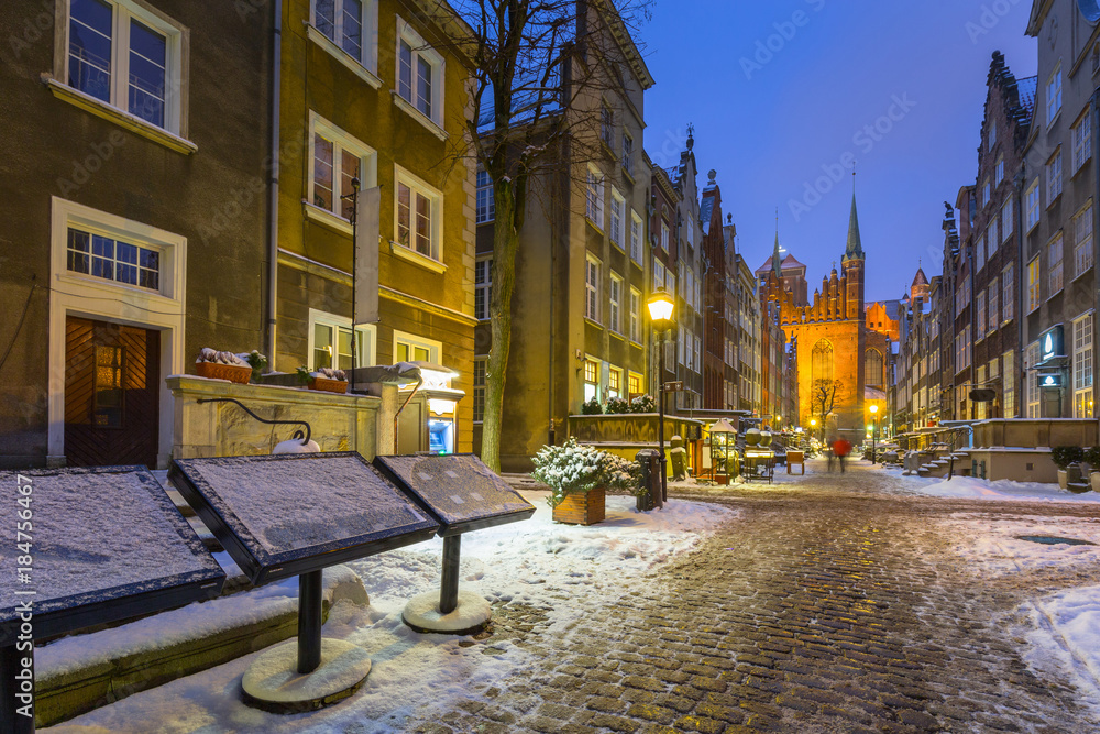 Beautiful Mariacka street in Gdansk at snowy winter, Poland