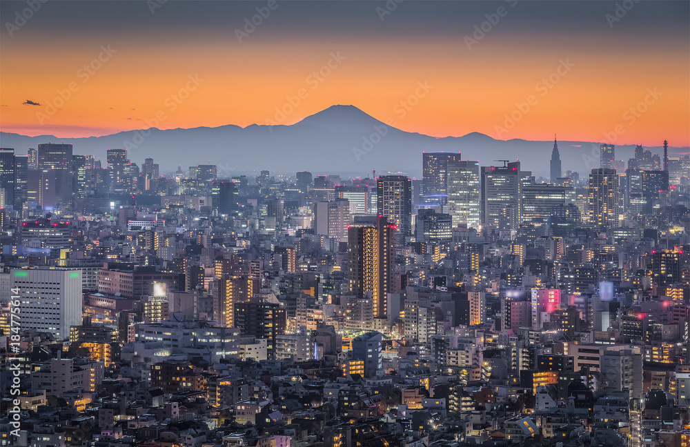 富士山的东京夜景。富士山位于东京西南约100公里处。