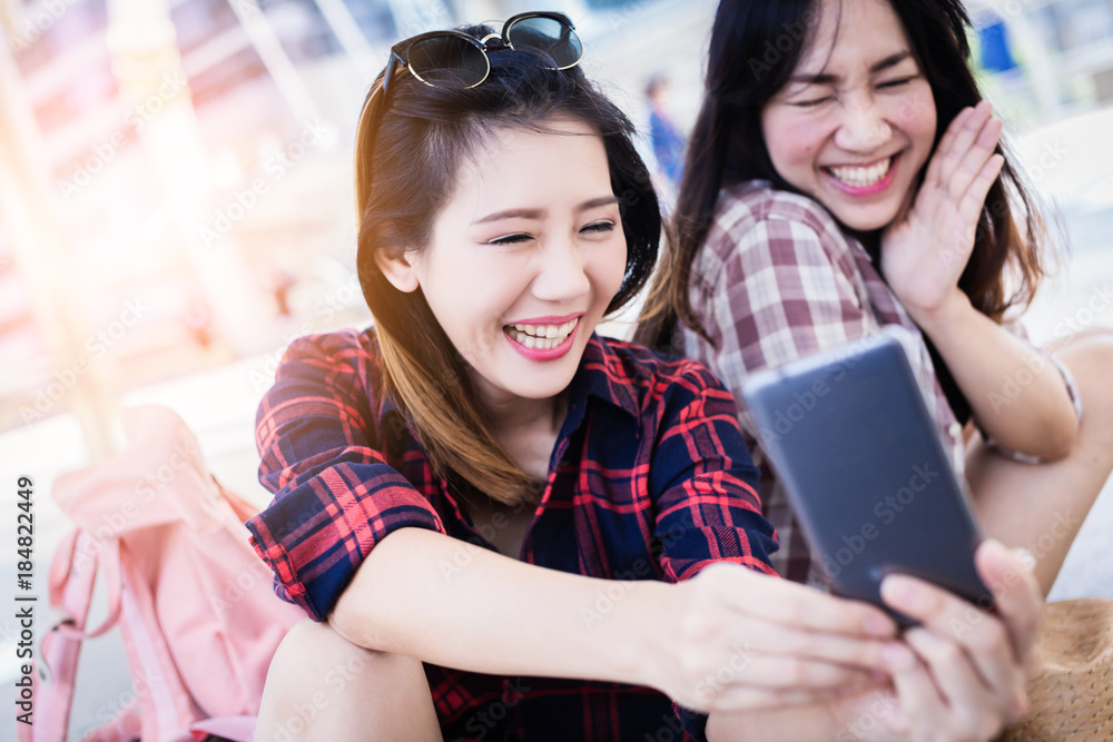 beautiful asian woman take selfie shot from smartphone with friends travel concept ideas