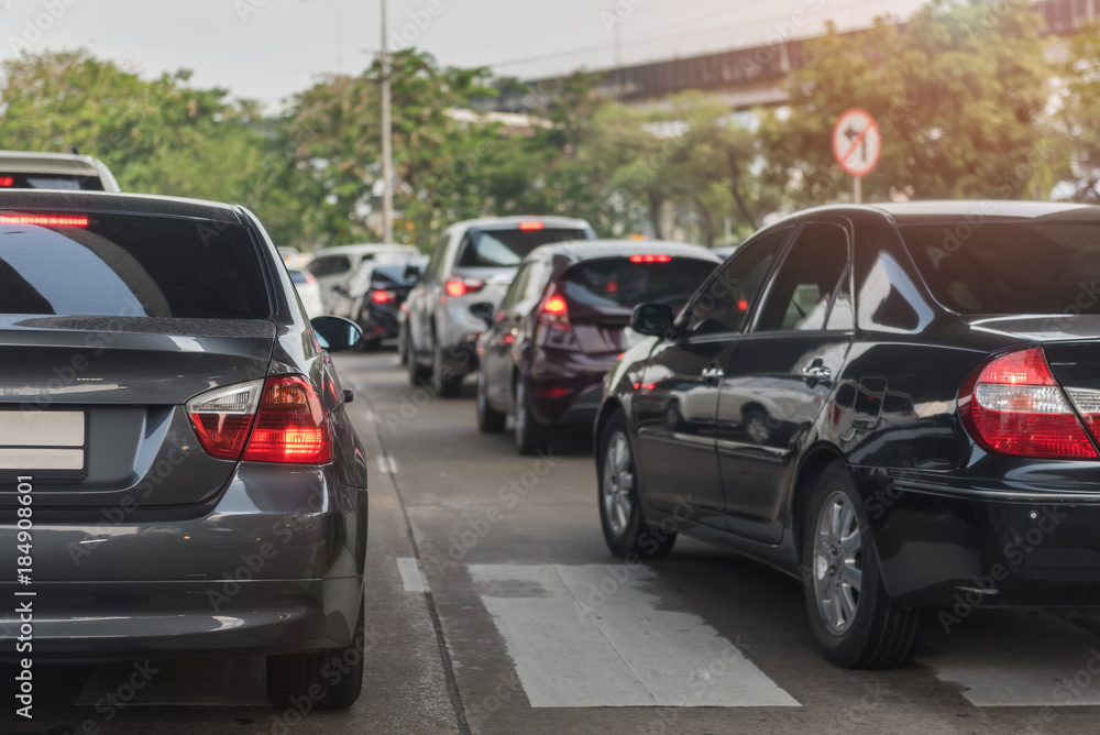 traffic jam with row of cars on toll way