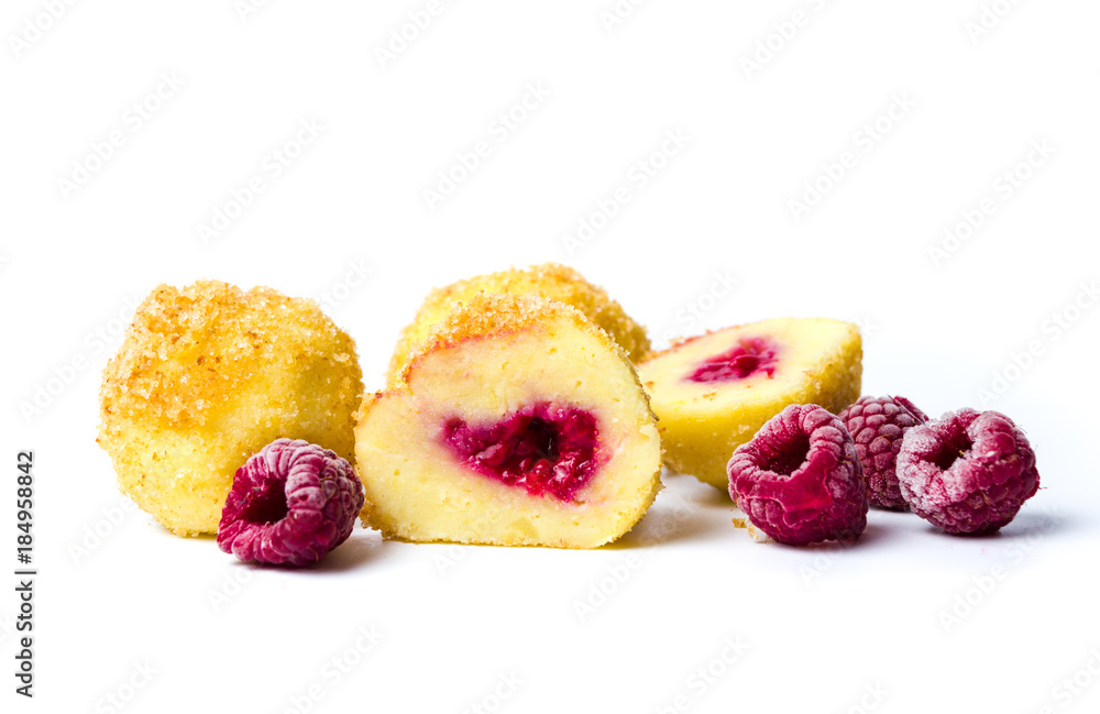 Homemade bread crumb dumplings with raspberry isolated