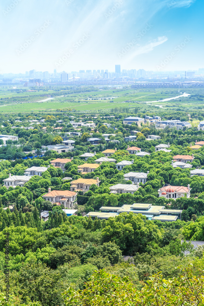 中国上海市郊的住宅楼和绿色森林，鸟瞰图