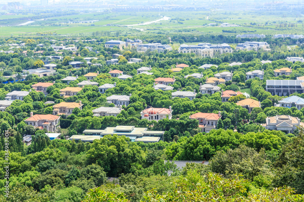 中国上海市郊的住宅楼和绿色森林，鸟瞰图