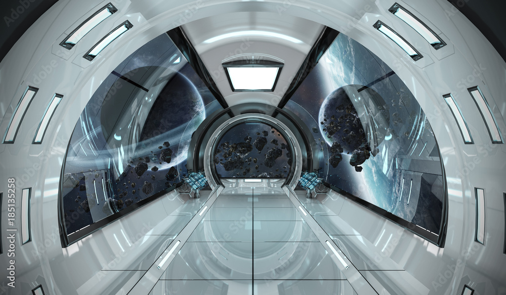 Spaceship interior with view on planets 3D rendering elements of this image furnished by NASA