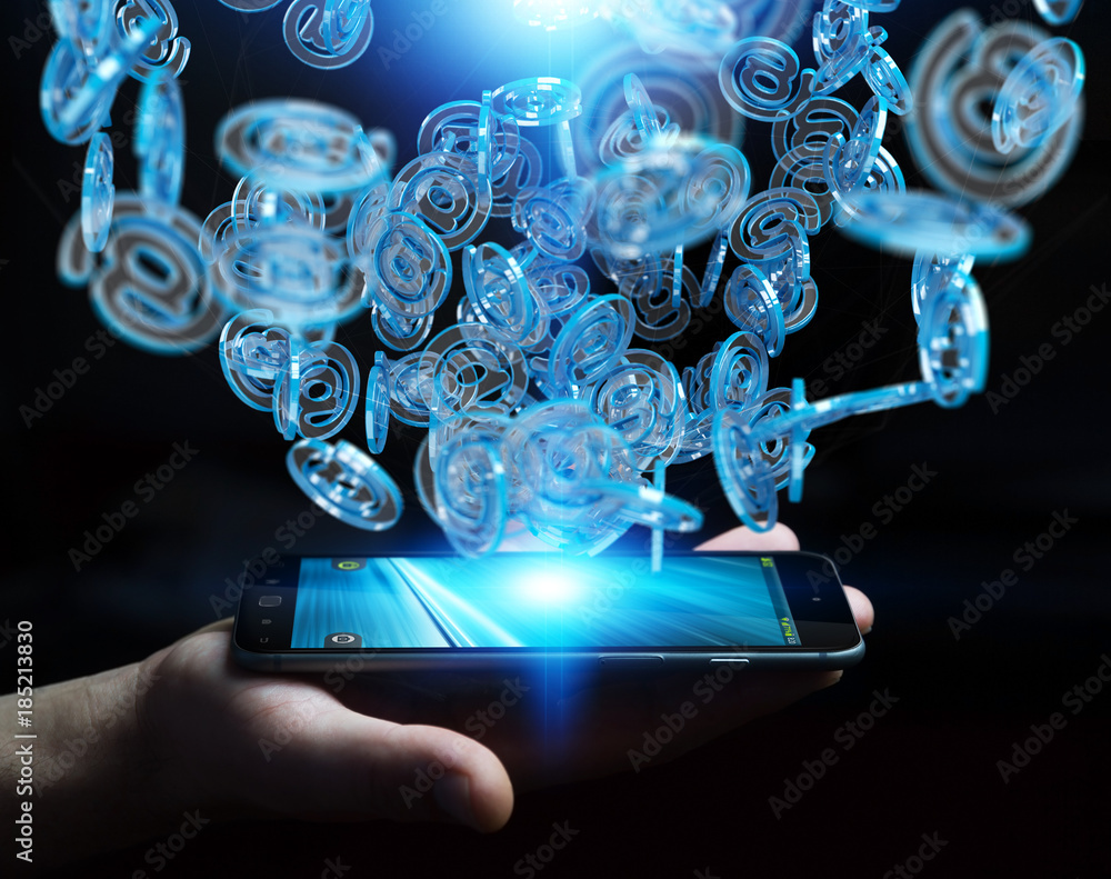 Businessman using digital arobase blue sphere to surf on internet 3D rendering