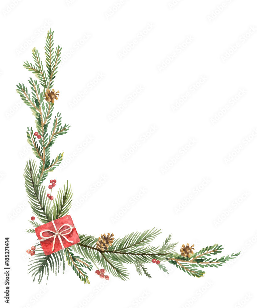 Watercolor vector Christmas decorative corner with fir branches, gifts and cones.