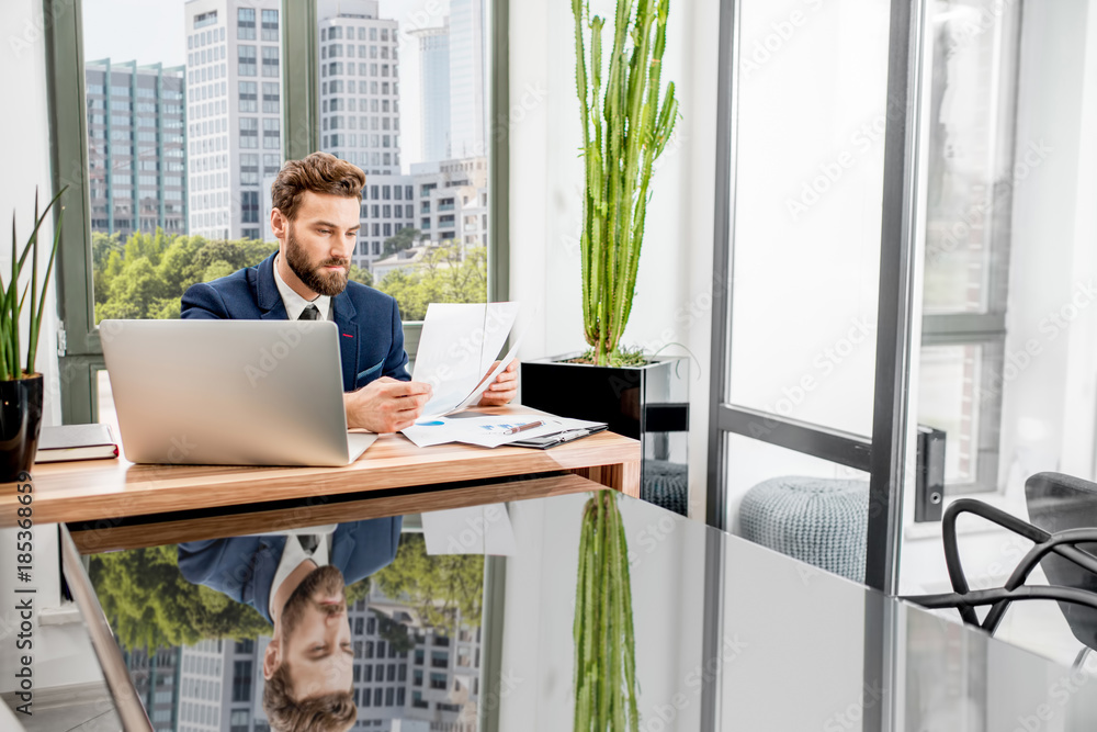 Portrait of a handsome banker working with laptop sitting at the luxury office interior with beautif