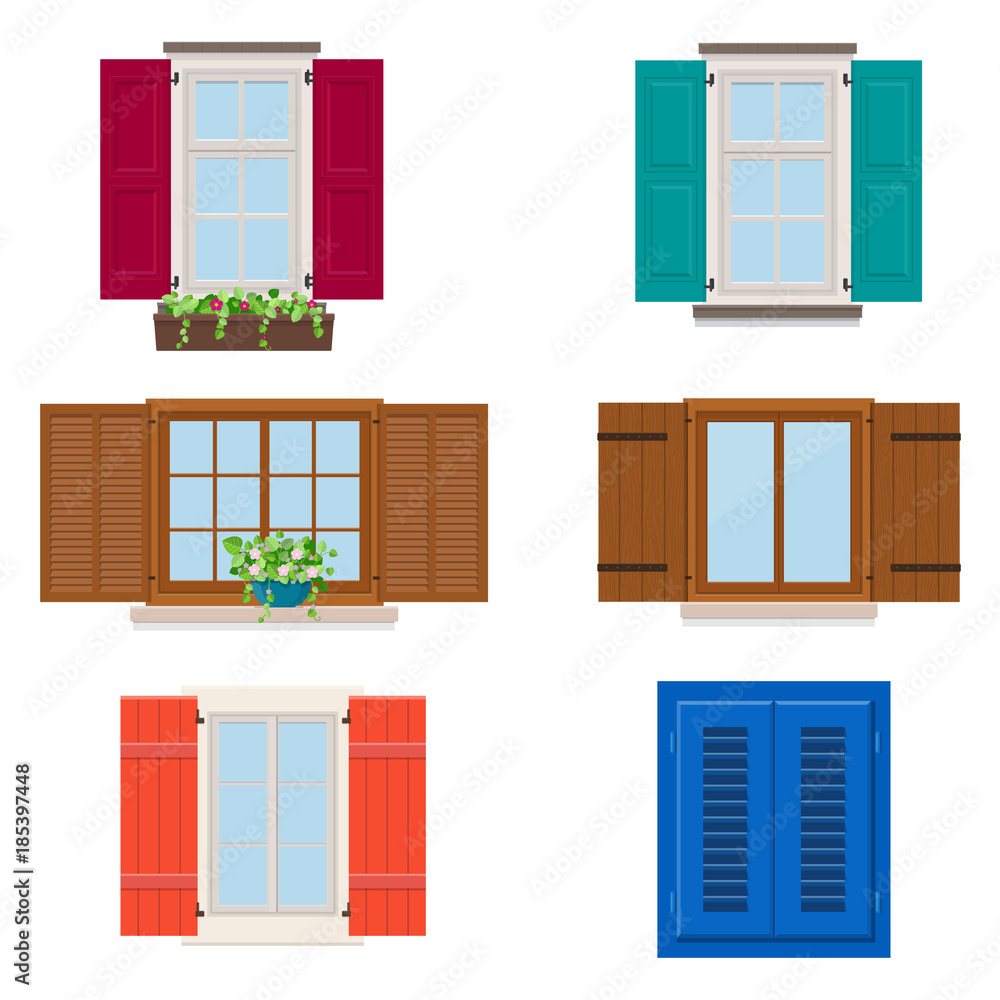 Set of open colorful different windows with shutters and flowers