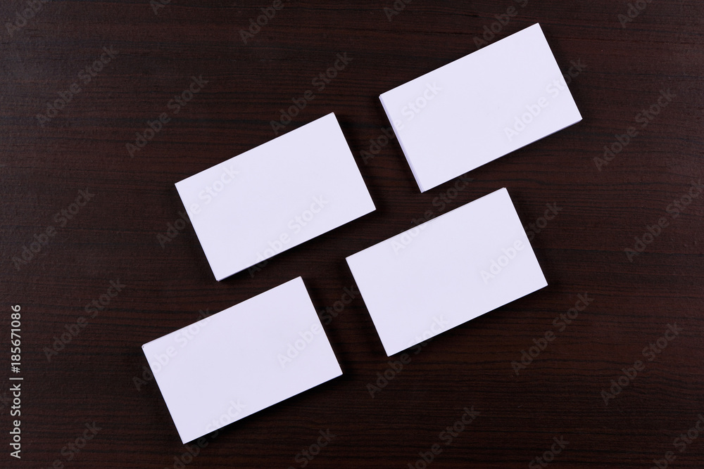 Mock-up with business cards. Template for branding identity on wooden background.