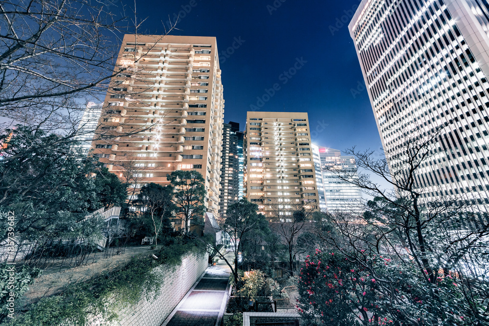 夜の高層ビル群