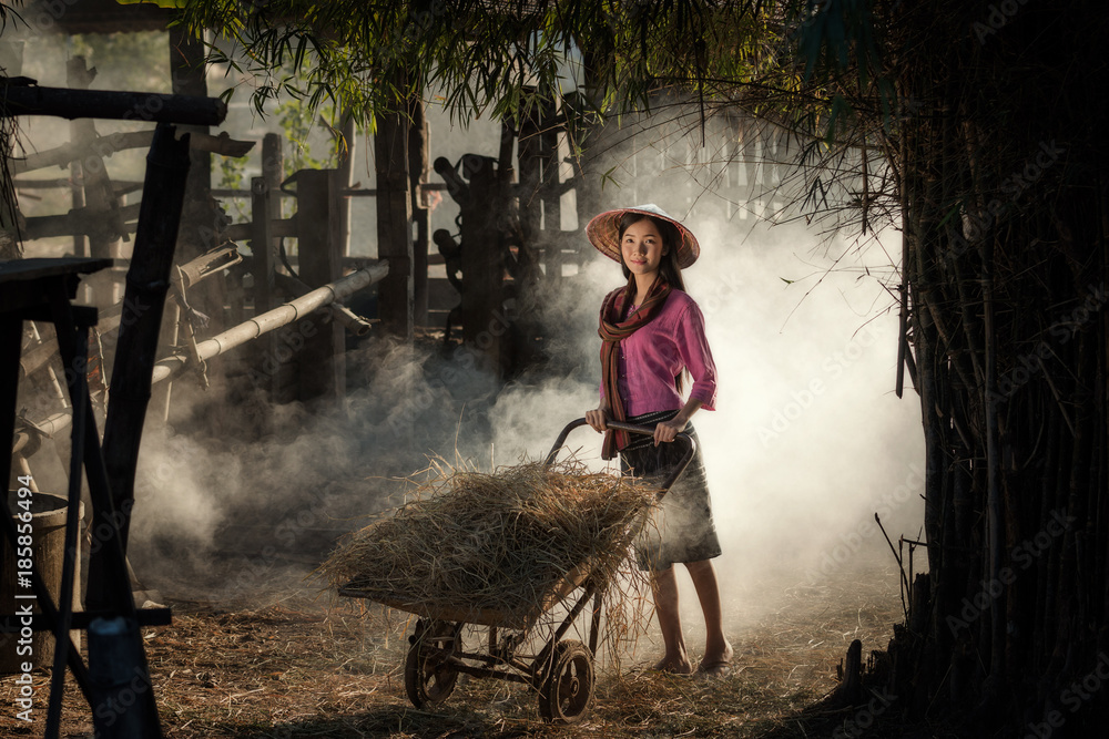 Woman wearing typical thai dress with thai identity culture of Thailand at Countryside.