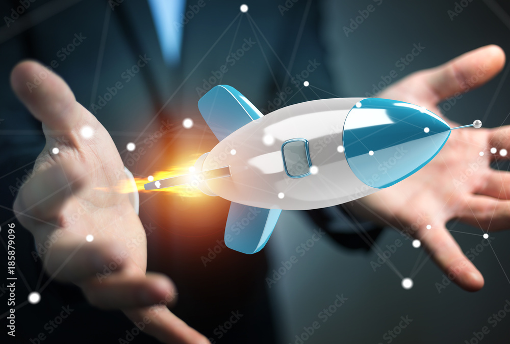 Businessman holding and touching a rocket 3D rendering