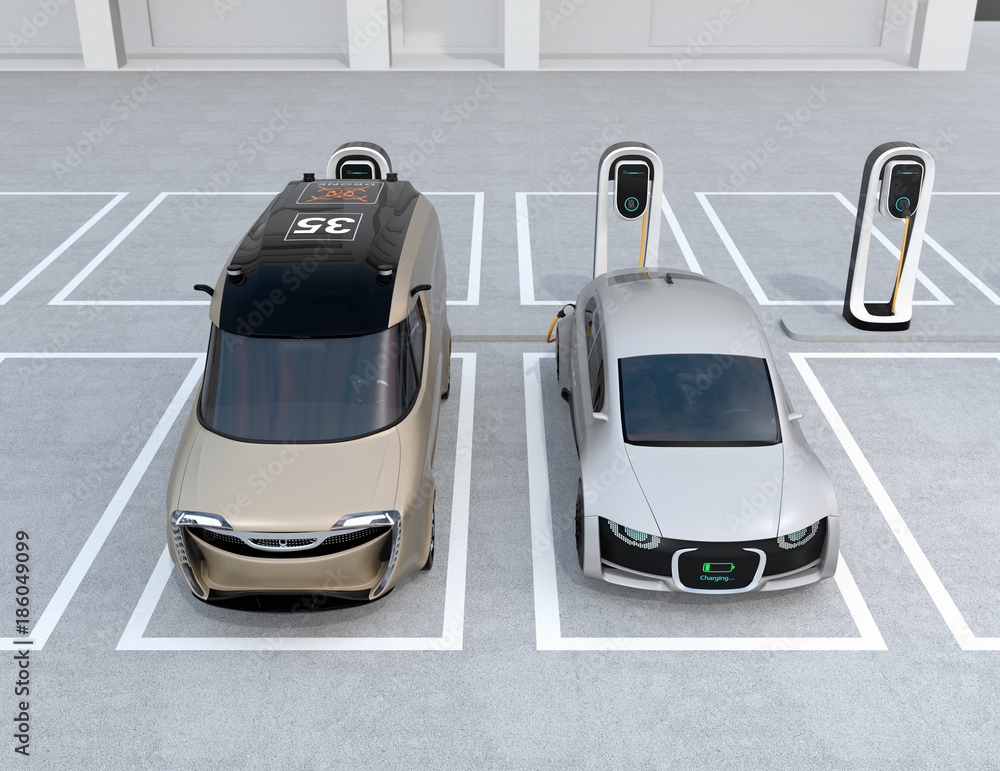 Front view of electric sedan and minivan charging at charging station. 3D rendering image.