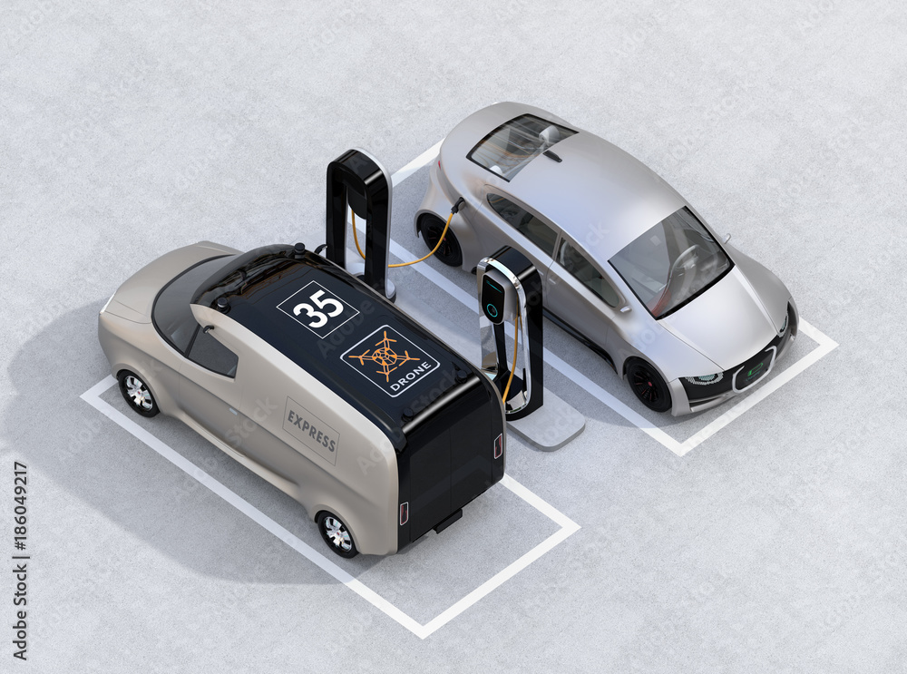 Isometric view of electric delivery minivan and silver sedan charging at charging station. 3D render