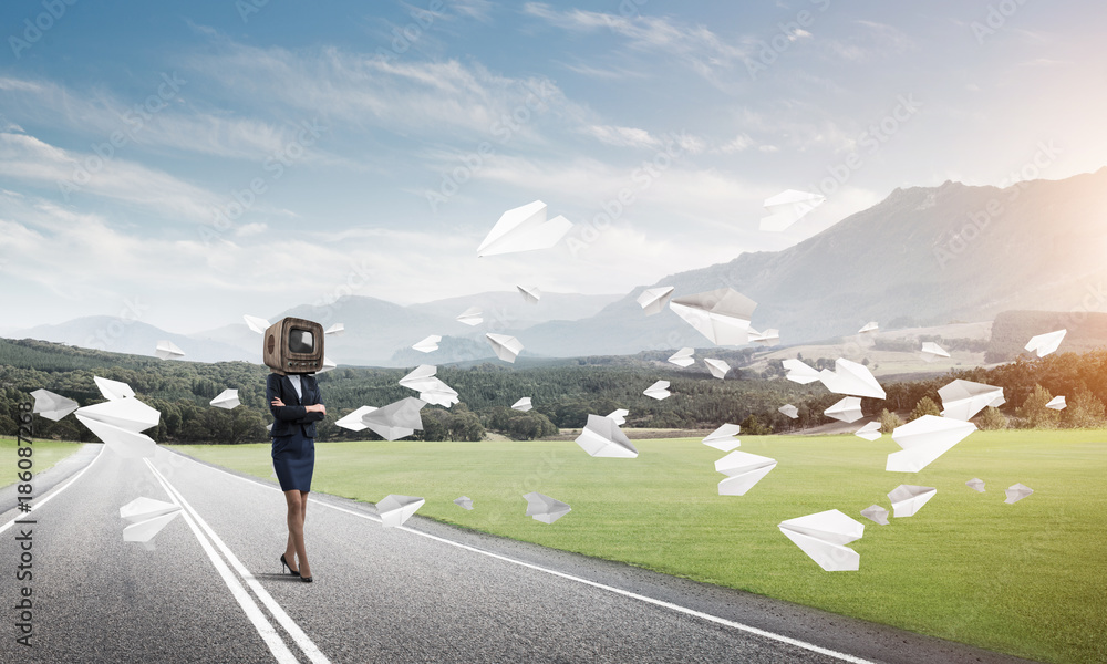 Business woman with old TV instead of head.