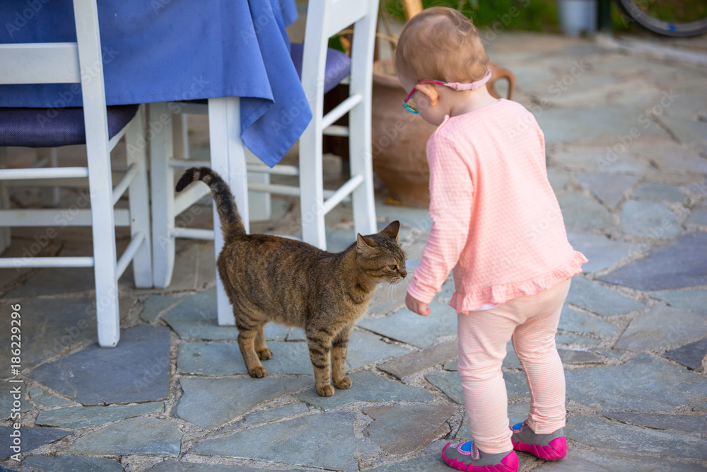 Little girl with a cat outdoor