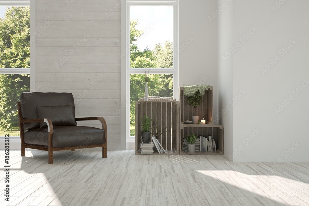 Idea of white room with armchair and summer landscape in window. Scandinavian interior design. 3D il