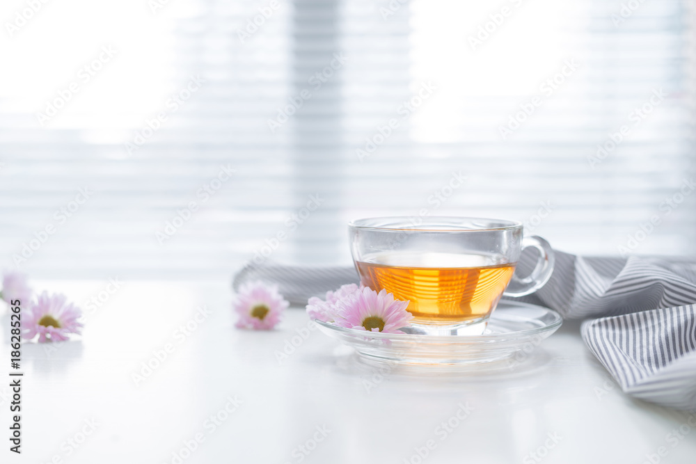 Cup of tea on the windowsill. Tea time.