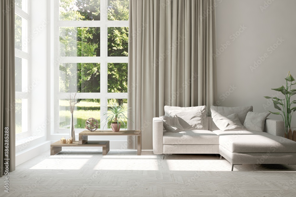 Idea of white room with sofa and summer landscape in window. Scandinavian interior design. 3D illust