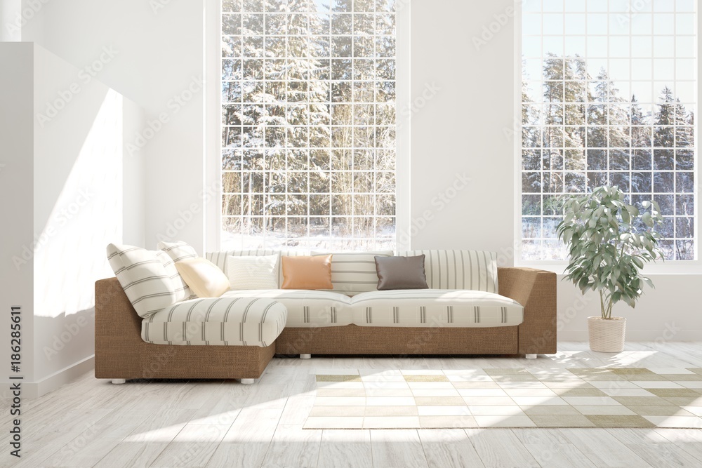 White room with sofa and winter landscape in window. Scandinavian interior design. 3D illustration