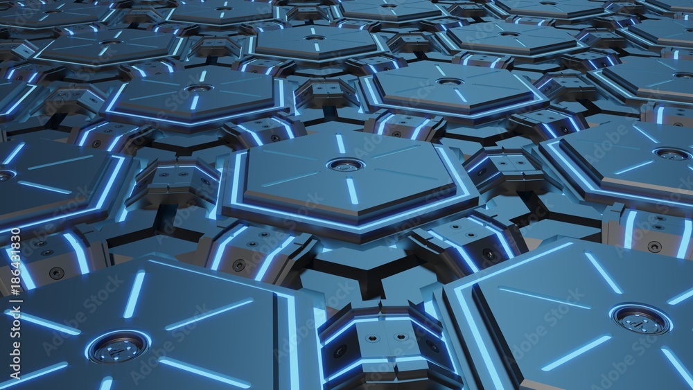 abstract hexagon glowing background and blue light, futuristic concept. 3d rendering