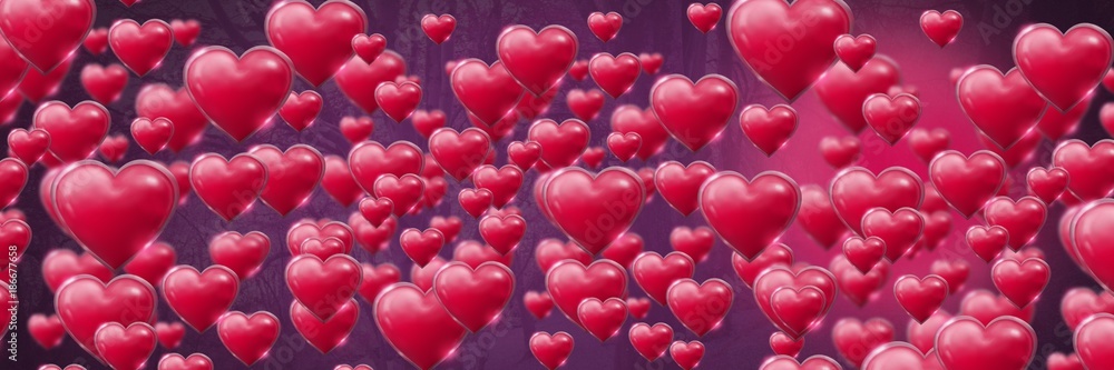 Shiny bubbly Valentines hearts with purple trees background