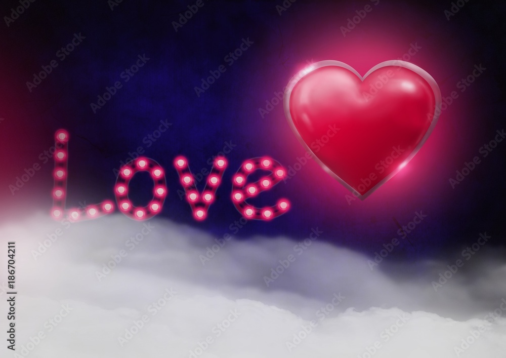 Shiny heart graphic with love text and fog