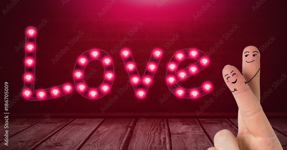 Valentines fingers love couple and Love text glowing neon light