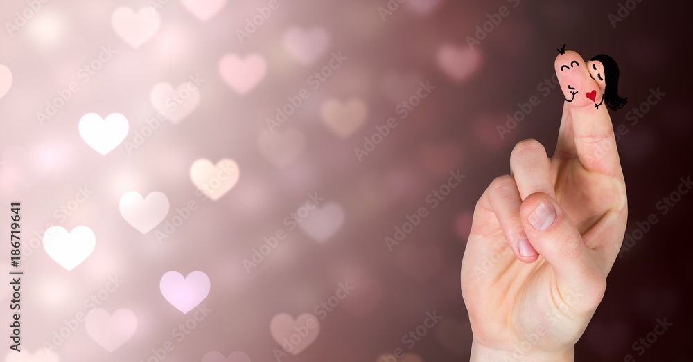 Valentines fingers love couple and colorful bokeh heart lights