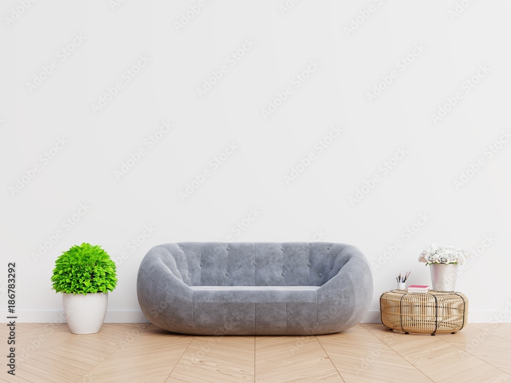 Bright and cozy modern living room interior have gray sofa with white wall background,3D rendering