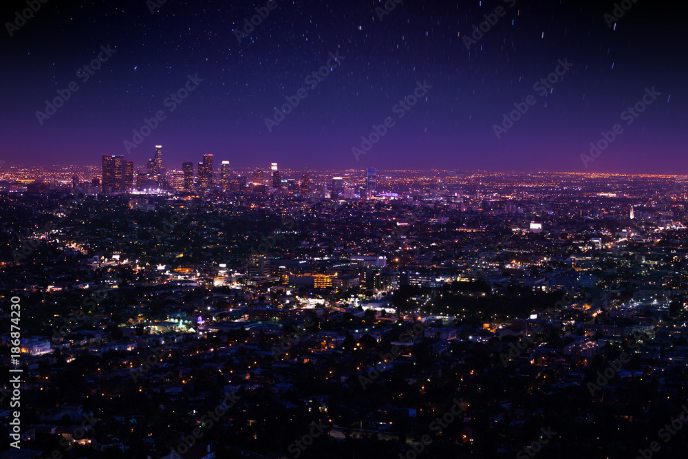 Beautiful night sky, cityscape view of Los Angeles