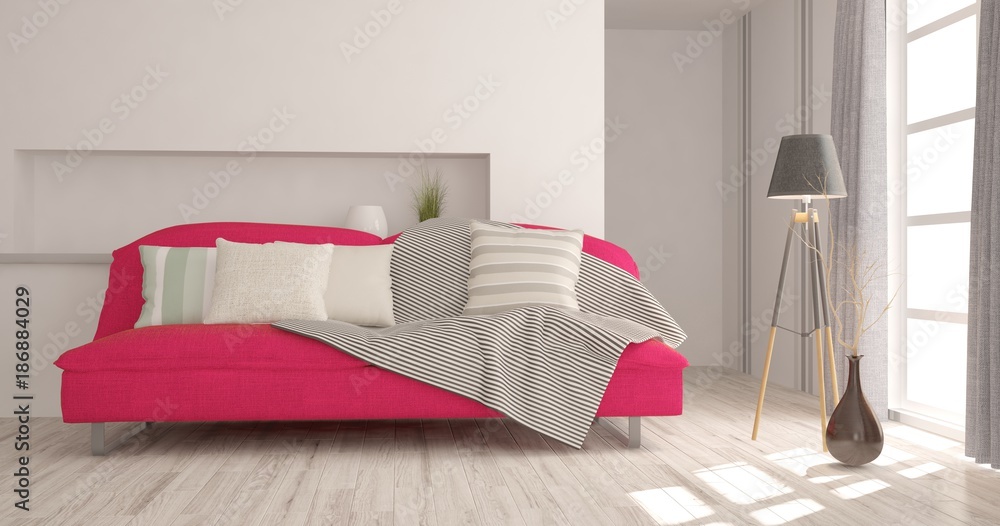 Idea of white minimalist room with pink sofa. Scandinavian interior design. 3D illustration