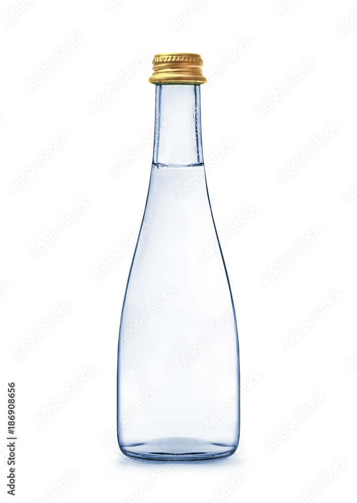 Glass bottle with mineral water closeup, isolated on white background