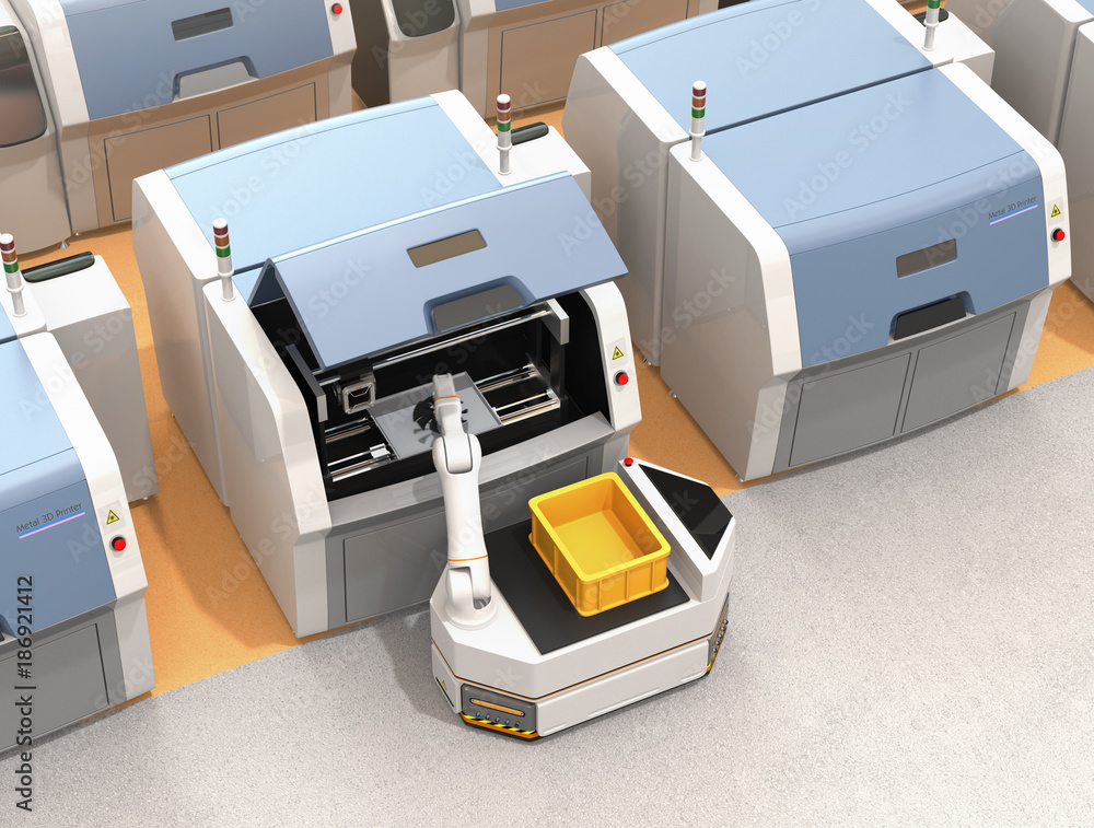 AGV (Automatic guided vehicle) picking parts from metal 3D printer. Smart factory concept  3D render