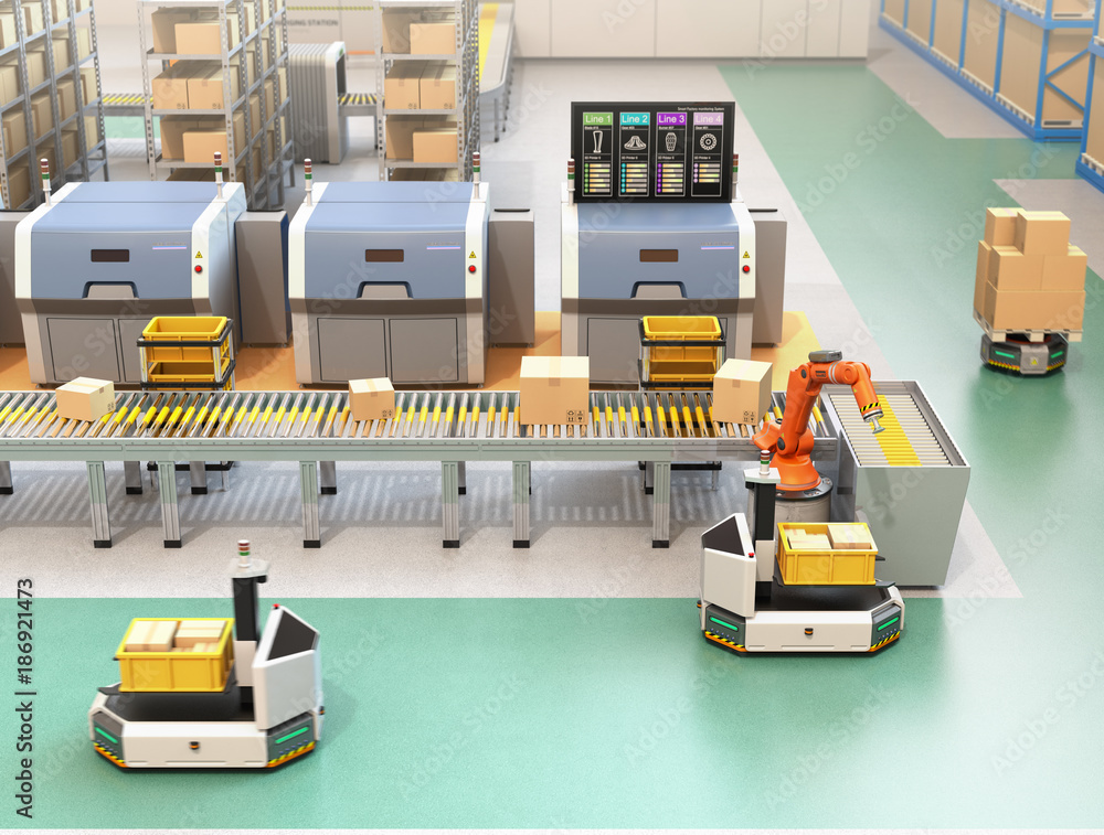 Robotic arm picking parcel from conveyor to to AGV (Automatic guided vehicle). Monitor of the manufa