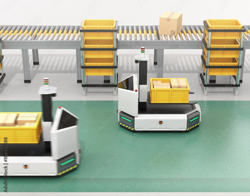 Self driving AGV (Automatic guided vehicle) with forklift carrying container box near to conveyor. 3