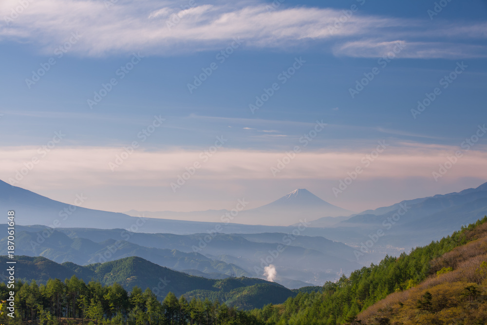 Mountain Fuji with morning mist in spring season