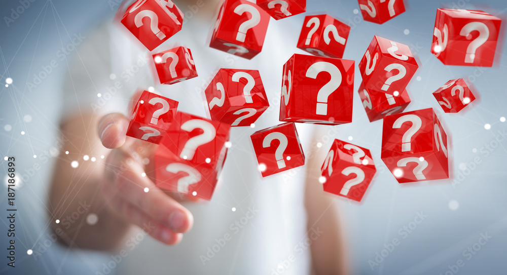 Businessman using cubes with 3D rendering question marks