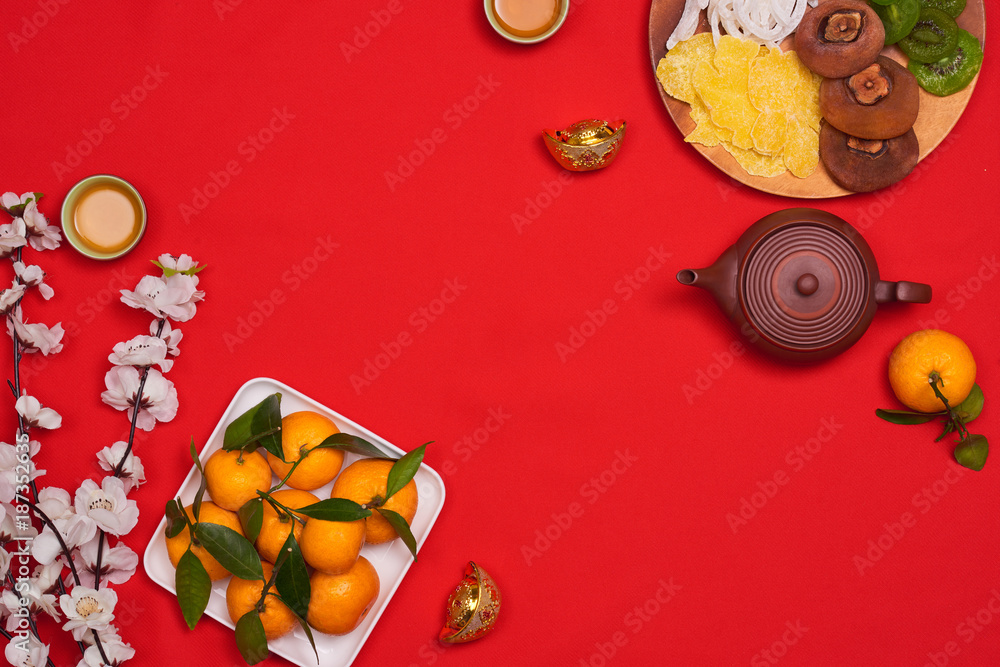 Vietnamese food for Vietnam Tet holiday, also lunar new year of Asia, colorful preserved fruit as ki