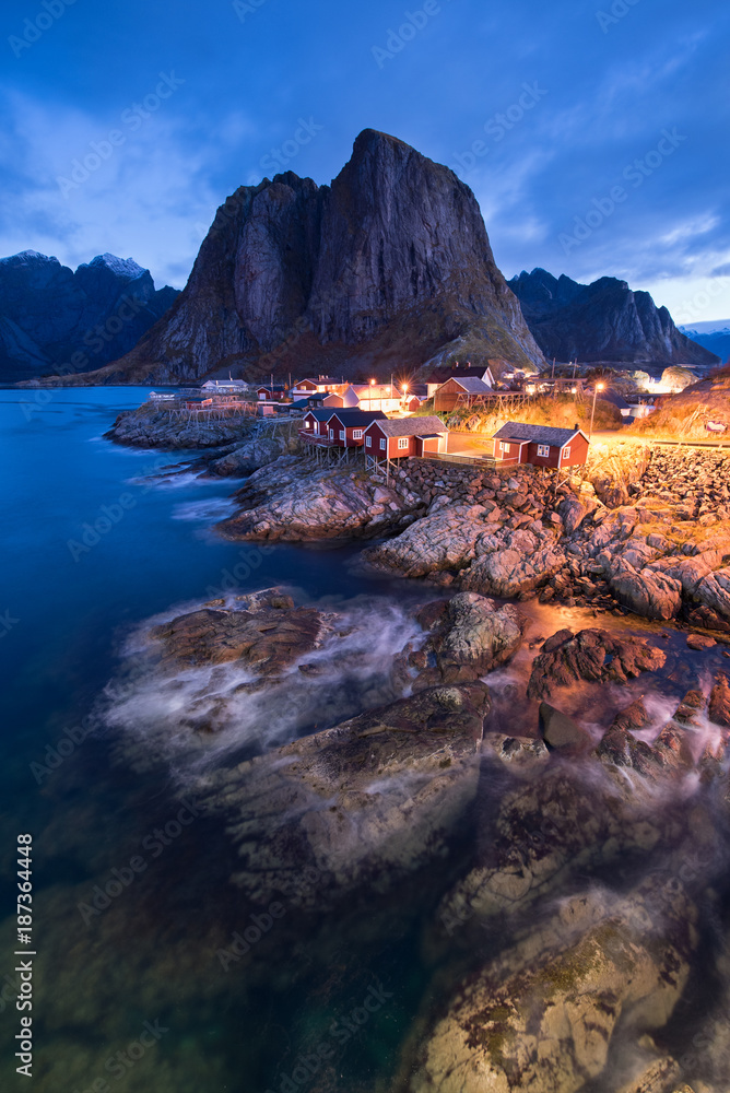 Fishermen’s cabins in the Hamnoy village at night, Lofoten Islands, Norway