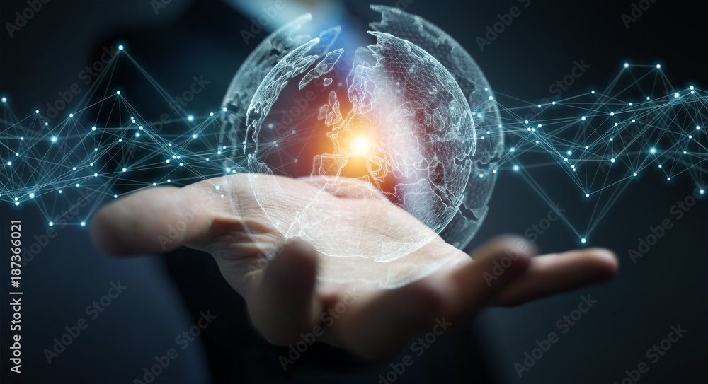 Businessman using planet earth network sphere 3D rendering