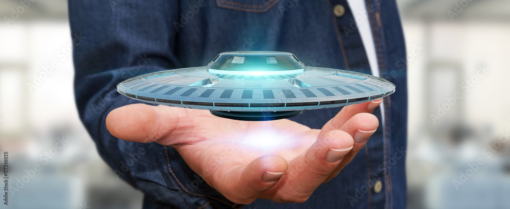 Businessman with retro UFO spaceship 3D rendering