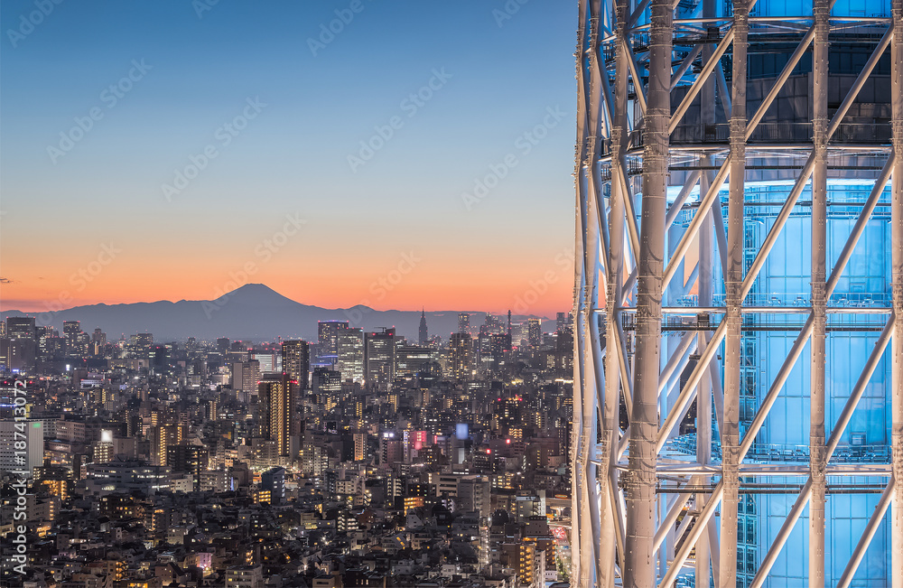 富士山的东京夜景。富士山位于东京西南约100公里处。