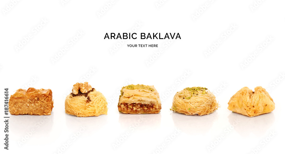 Seamless pattern with baklava. Sweets abstract background. Baklava on the white background.