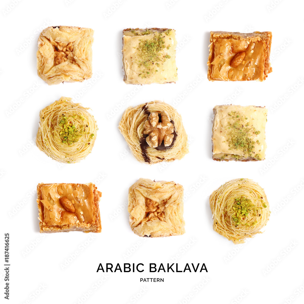 baklava无缝图案。甜美的抽象背景。白色背景上的baklava。