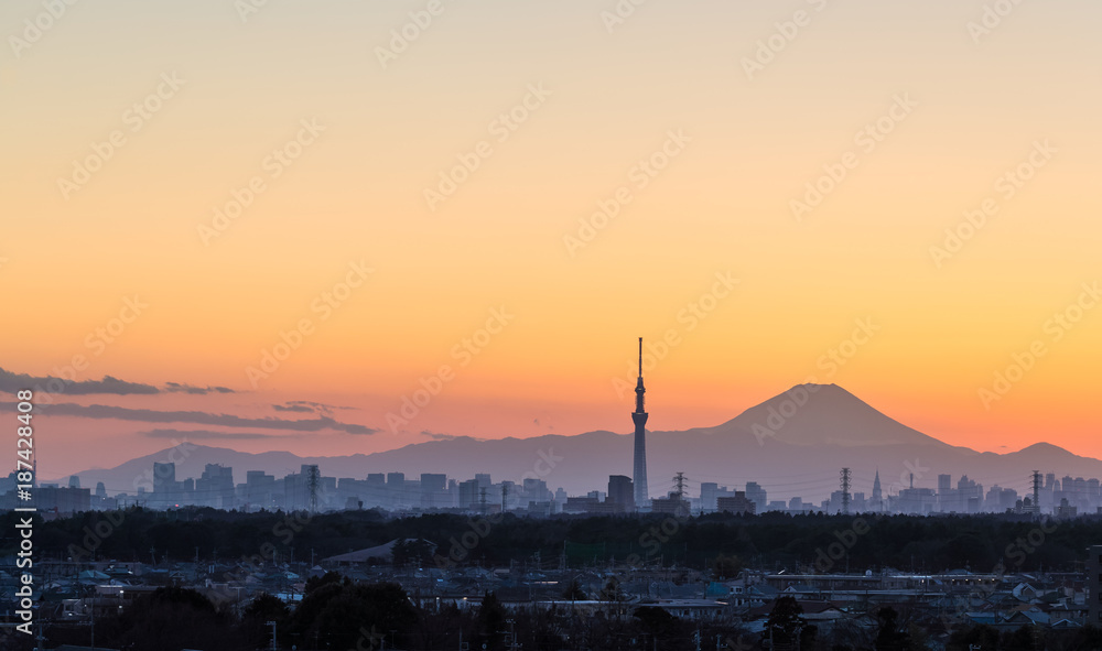 冬季黄昏时分的东京天树和富士山。