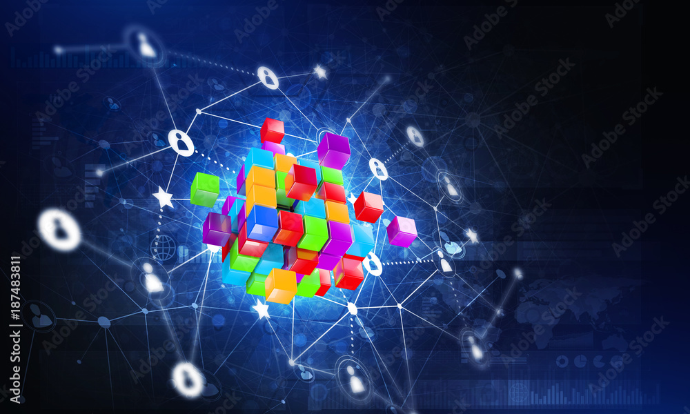 暗背景下的数字立方体图形的互联网和网络概念
