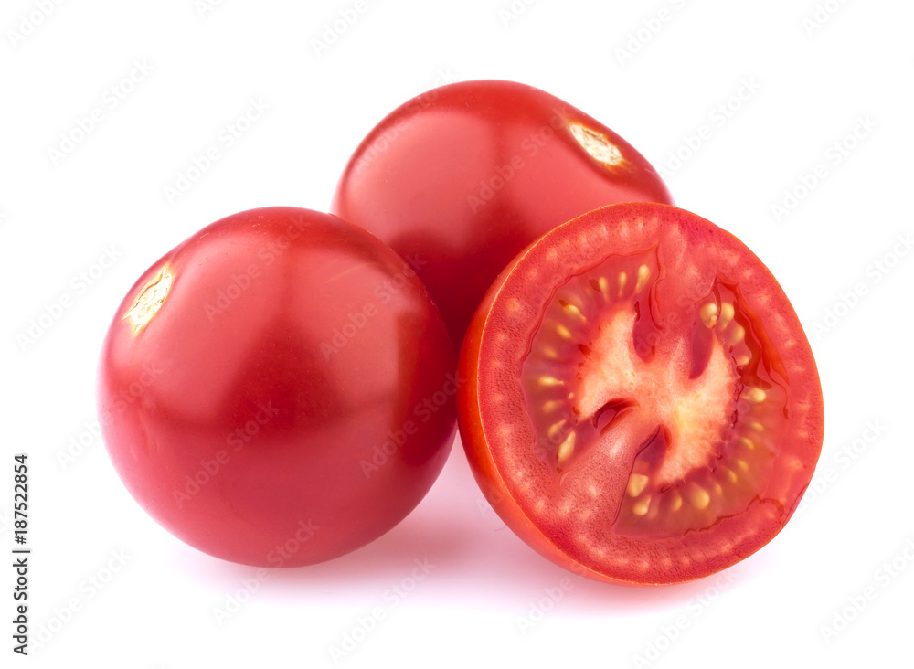 Group of cherry tomatoes isolated on white background. Closeup